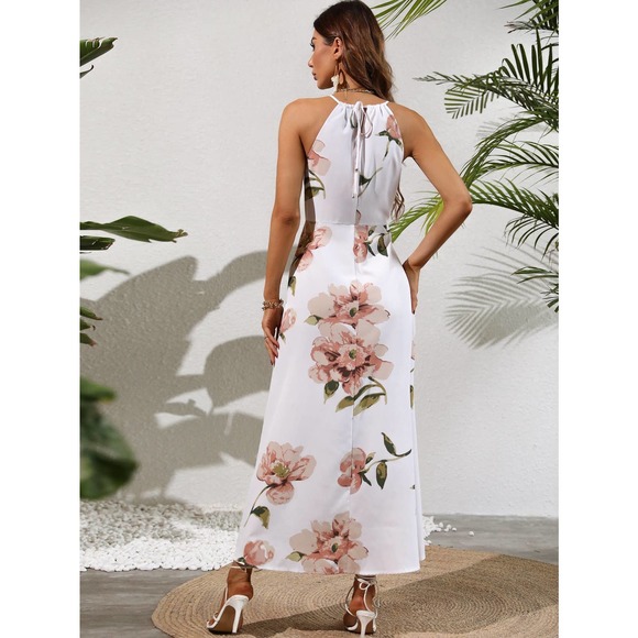 Boho Floral Print Halter Neck Thigh Slit Midi Dress black pink - Picture 7 of 10